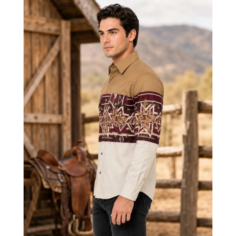 Camisa Vaquera Montero Cenefa Estampada Azteca Manga Larga #mlpos_5 #mlitem_MLM2967954817 | Color: Beige | Talla: XL #color_beige #sku_mt009bg3xl #sku_mt1009bg2xl #sku_mt1009bgl #sku_mt1009bgm #sku_mt1009bgs #sku_mt1009bgxl