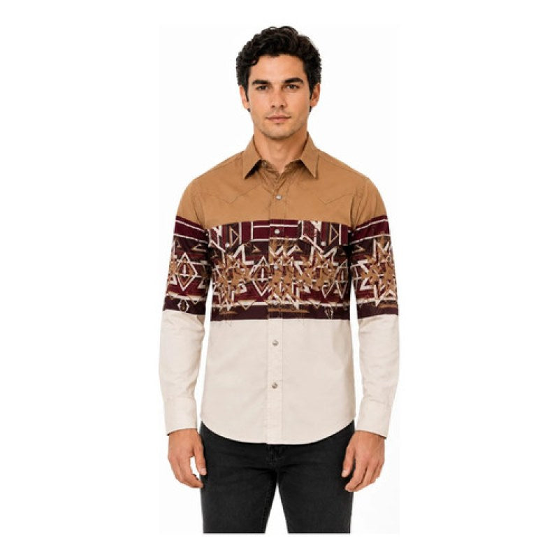 Camisa Vaquera Montero Cenefa Estampada Azteca Manga Larga #mlpos_6 #mlitem_MLM2967954817 | Color: Beige | Talla: XL #color_beige #sku_mt009bg3xl #sku_mt1009bg2xl #sku_mt1009bgl #sku_mt1009bgm #sku_mt1009bgs #sku_mt1009bgxl