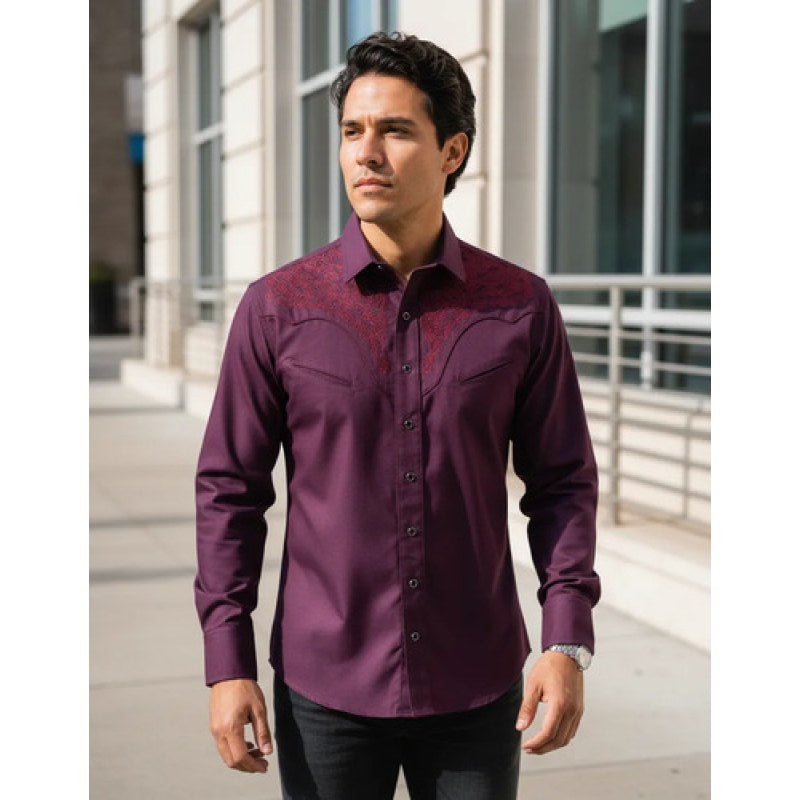 Camisa Vaquera Charra Bordada Caballero Winster Manga Larga #mlpos_10 | Color: Vino #color_vino #sku_charravino2xl