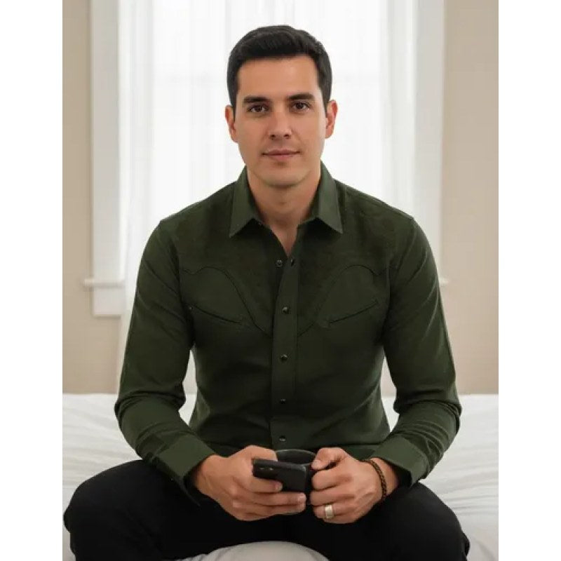 Camisa Vaquera Charra Bordada Caballero Winster Manga Larga #mlpos_12 | Color: Verde #color_verde #sku_ait398-verde-xl #sku_verdefloralxxl