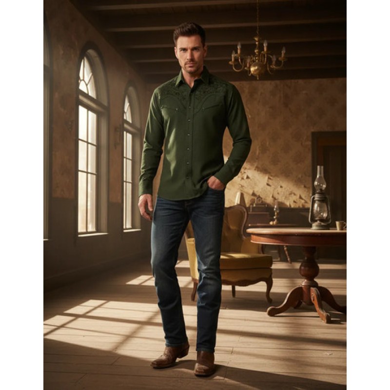 Camisa Vaquera Charra Bordada Caballero Winster Manga Larga #mlpos_14 | Color: Verde #color_verde #sku_ait398-verde-xl #sku_verdefloralxxl