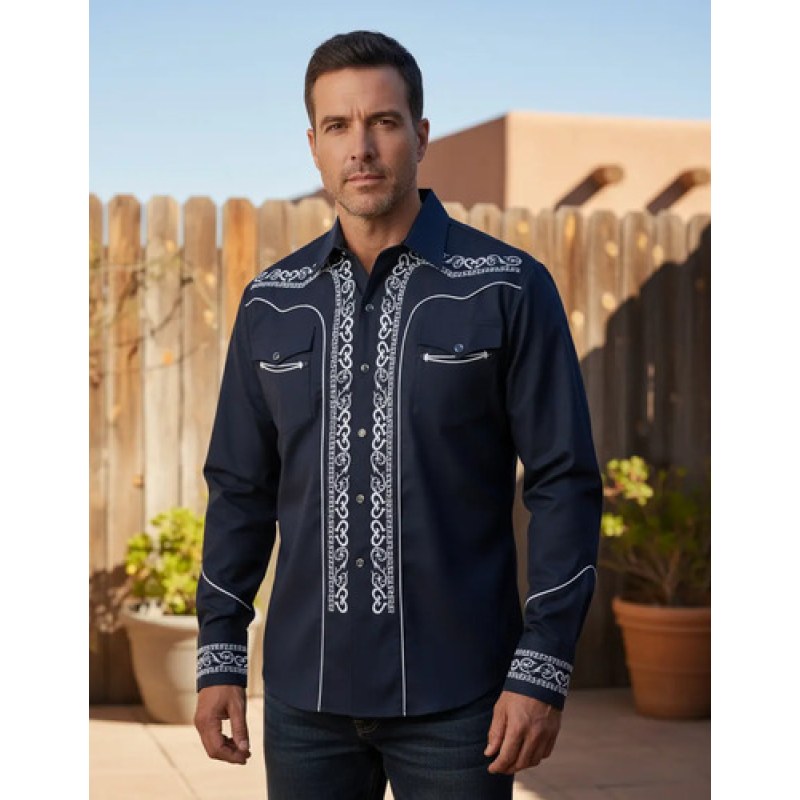 Camisa Vaquera Charra Bordada Caballero Winster Manga Larga #mlpos_35 | Color: Marino #color_marino #sku_winmarcharrl #sku_winmarcharrs #sku_winmarcharrxxl