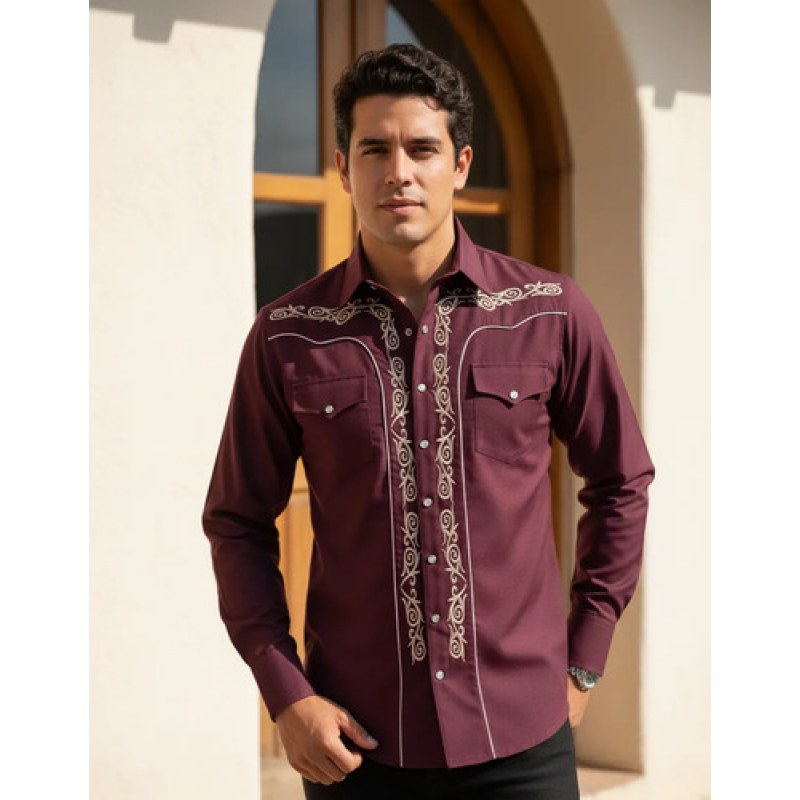 Camisa Vaquera Charra Bordada Caballero Winster Manga Larga #mlpos_38 | Color: Vino2 #color_vino2 #sku_winvincharrl #sku_winvincharrs #sku_winvincharrxxl