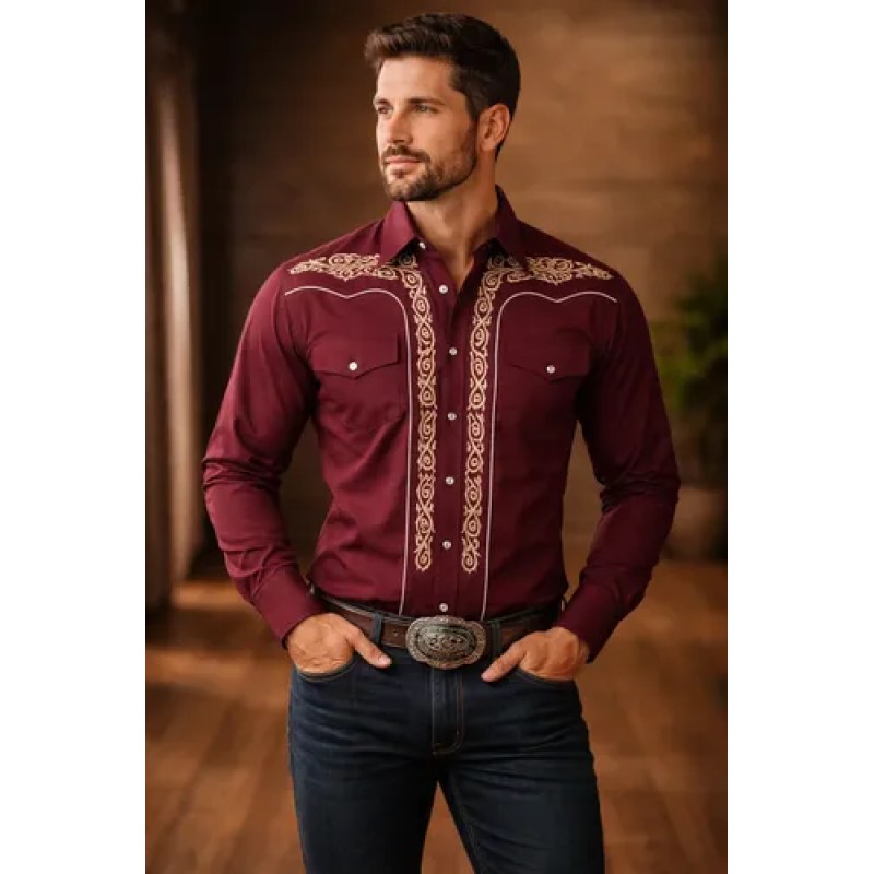 Camisa Vaquera Charra Bordada Caballero Winster Manga Larga #mlpos_41 | Color: Vino2 #color_vino2 #sku_winvincharrl #sku_winvincharrs #sku_winvincharrxxl