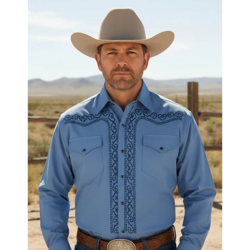 Camisa Vaquera Charra Bordada Caballero Winster Manga Larga #mlpos_45 | Color: Cielo #color_cielo #sku_winazcharrl #sku_winazcharrm #sku_winazcharrs #sku_winazcharrxxl