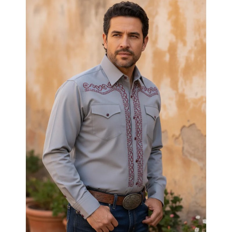 Camisa Vaquera Charra Bordada Caballero Winster Manga Larga #mlpos_46 | Color: Gris #color_gris #sku_wingrcharrl #sku_wingrcharrm #sku_wingrcharrs #sku_wingrcharrxl #sku_wingrcharrxxl