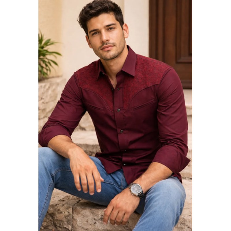 Camisa Vaquera Charra Bordada Caballero Winster Manga Larga #mlpos_9 | Color: Vino #color_vino #sku_charravino2xl